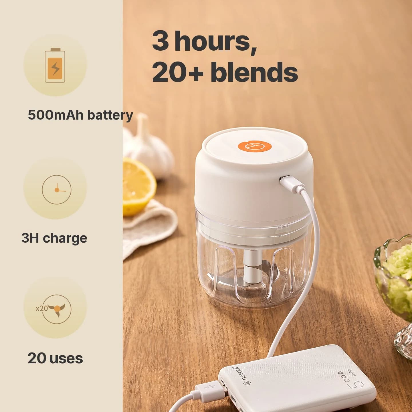 Brezžični električni sekljalnik česna 250mL 5V 30W, plastika