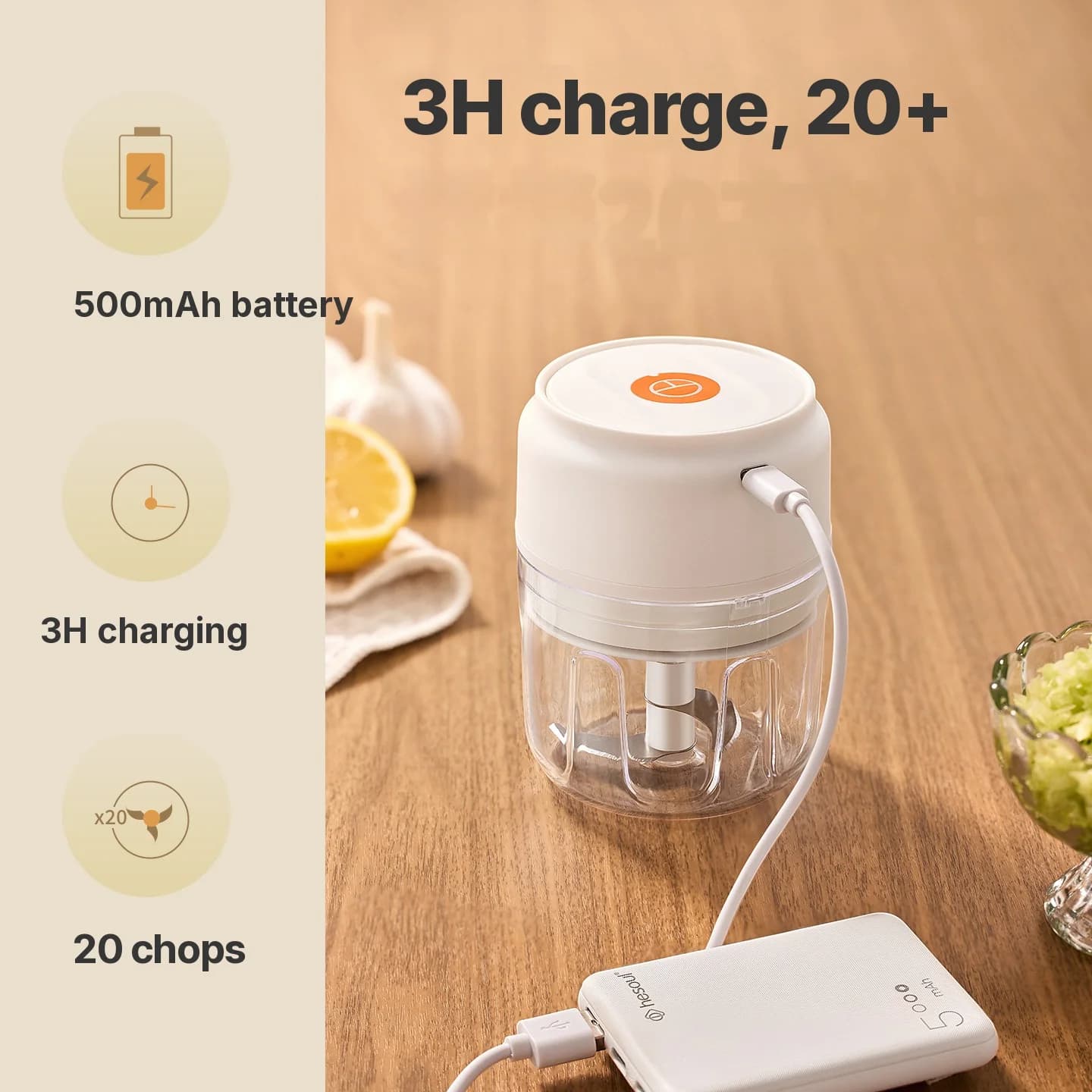 Brezžični električni sekljalnik česna s skodelico 250mL 5V 30W Plastika